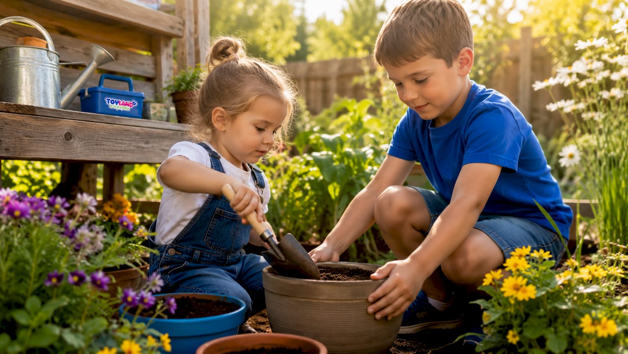 Children watering plants in kitchen