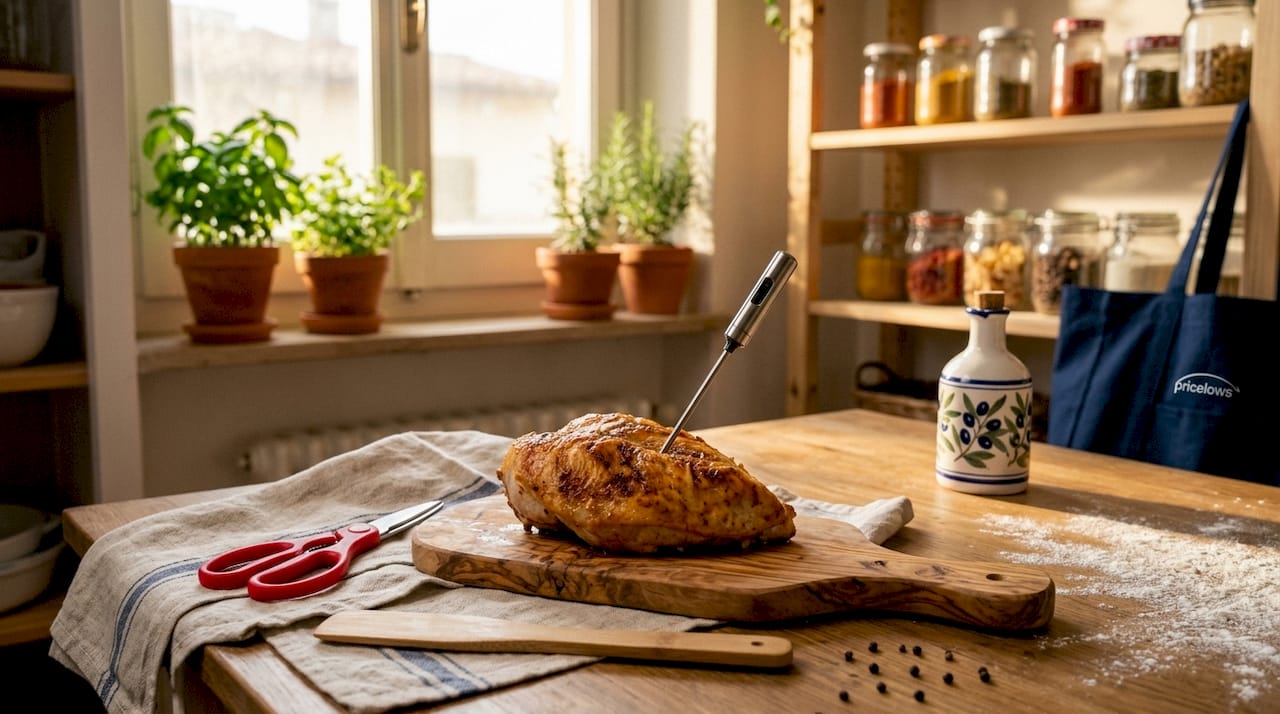 Instant-read thermometer with kitchen tools nearby on counter