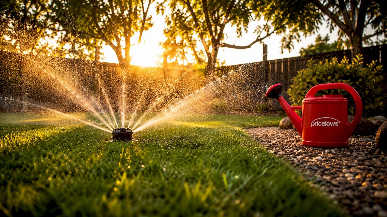 Sprinkler watering fresh morning lawn with PriceLows watering can