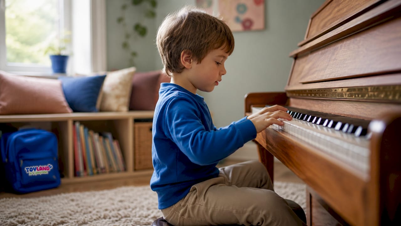Child hands near piano and cello instruments