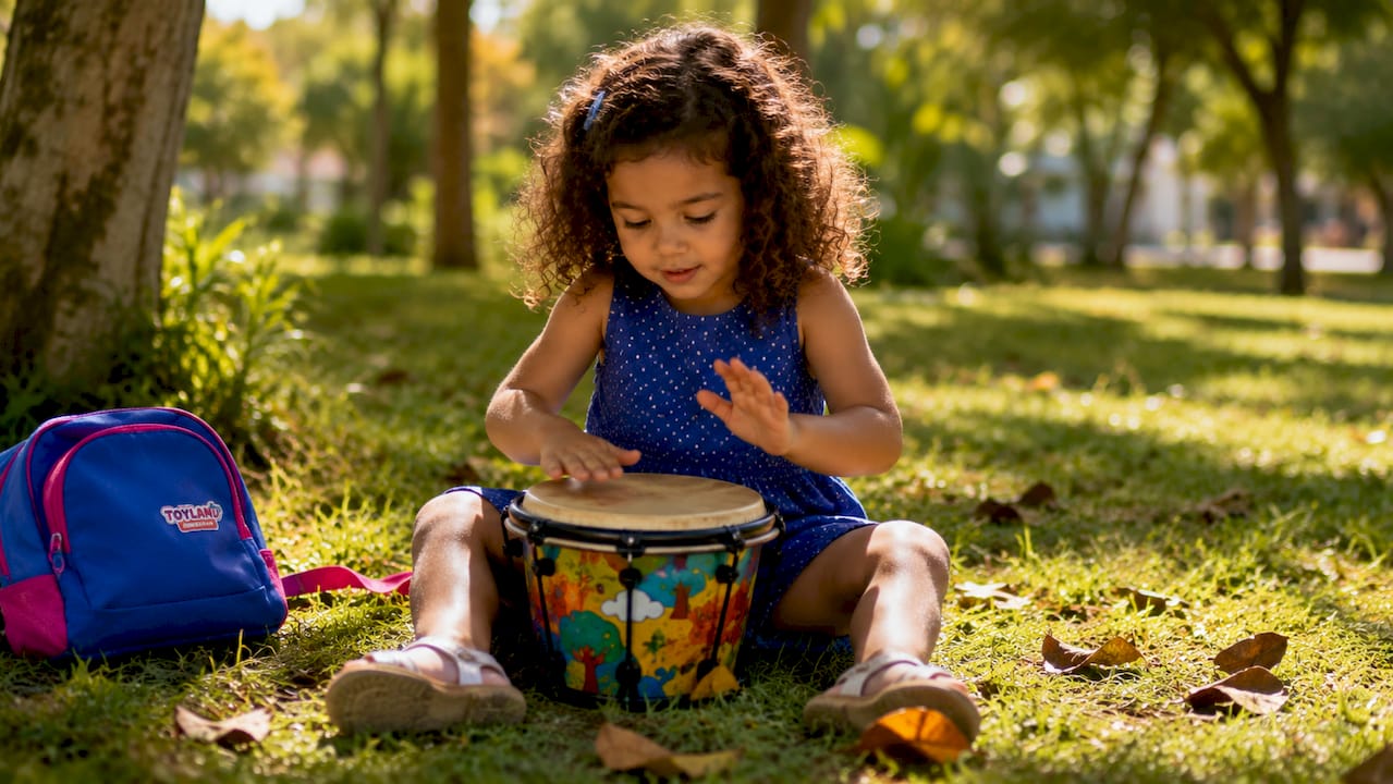 Preschooler drumming on bongo in classroom