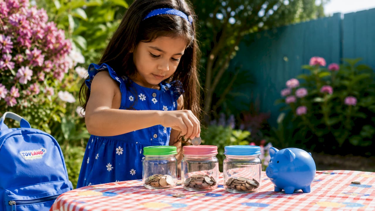 Girl sorting coins into jars for allowance budgeting