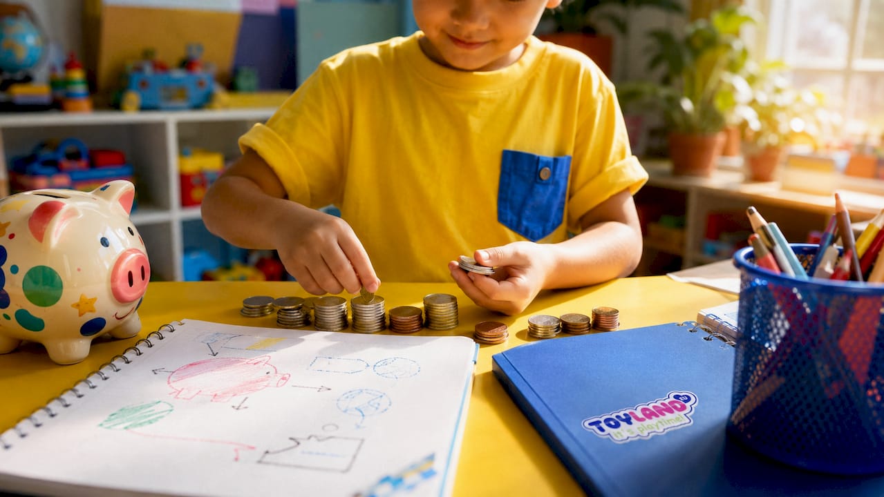 Child counting weekly allowance money at home