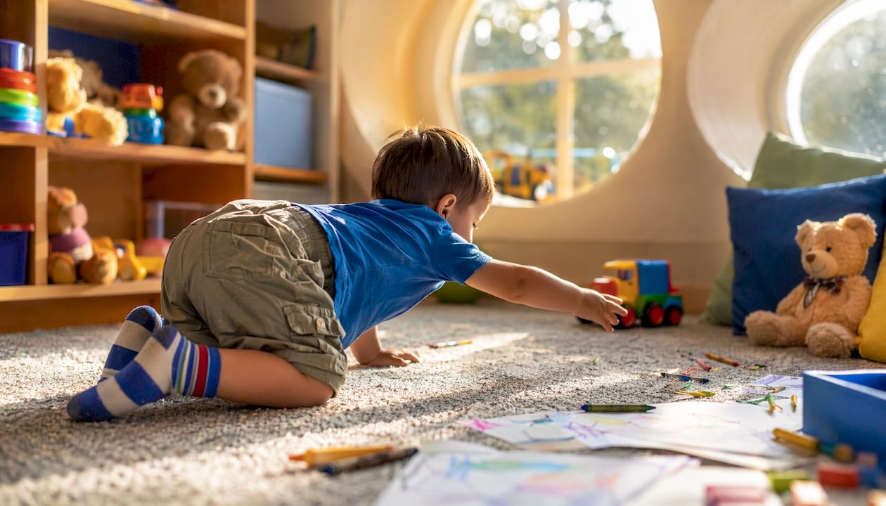 Child crawling and reaching on wooden floor in preschool
