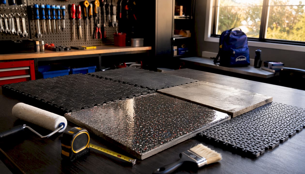 Flat lay of diverse garage flooring materials