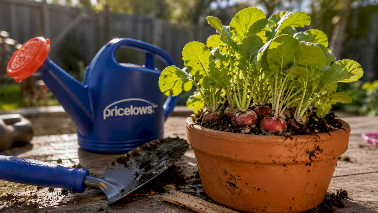 Radish seedlings and gardening tools on porch