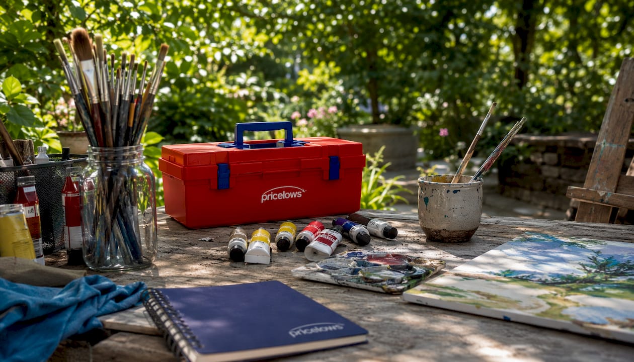 Side view of organized painting supplies and branded box on wooden shelf
