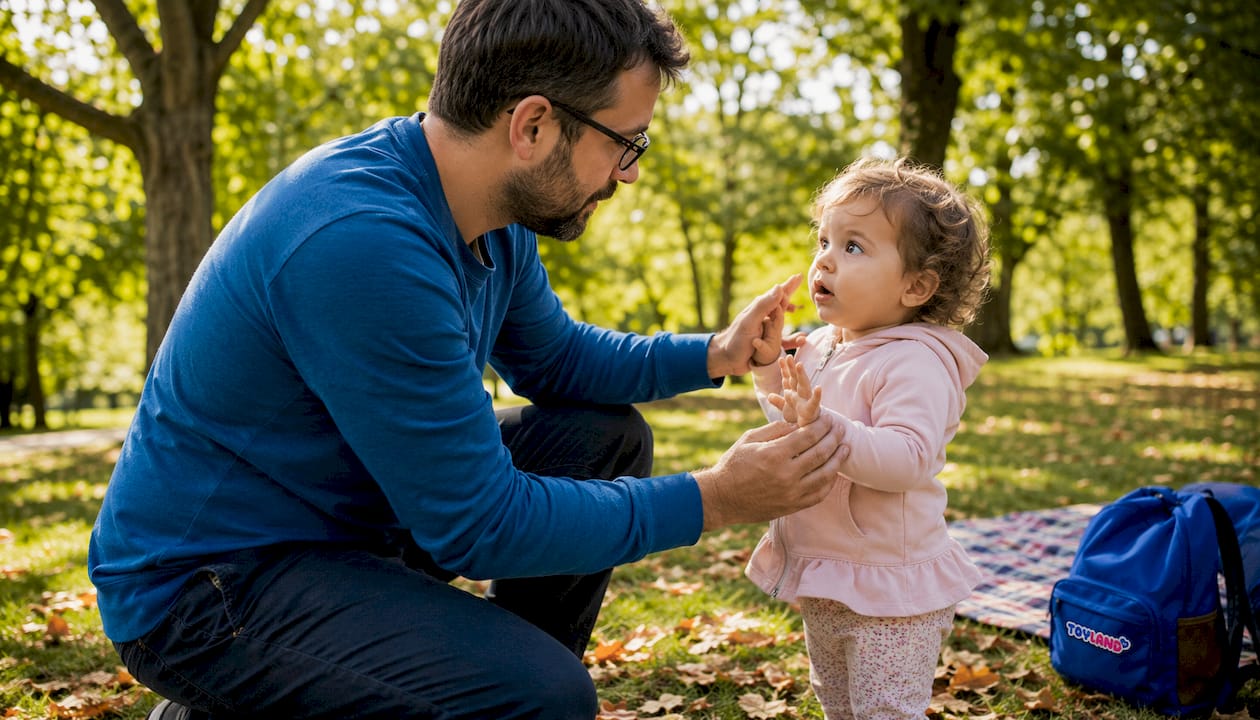 Father calmly blocking toddler hit gesture