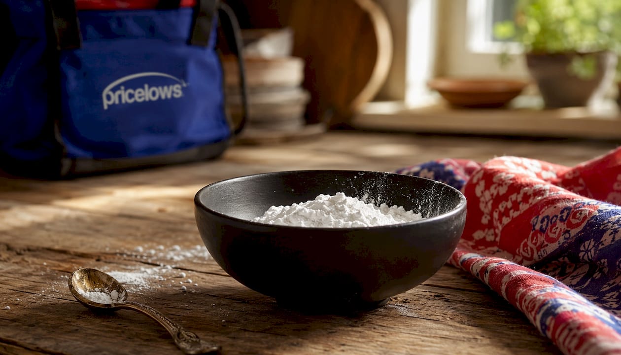 Baking soda and sugar mix in a dish with spoon
