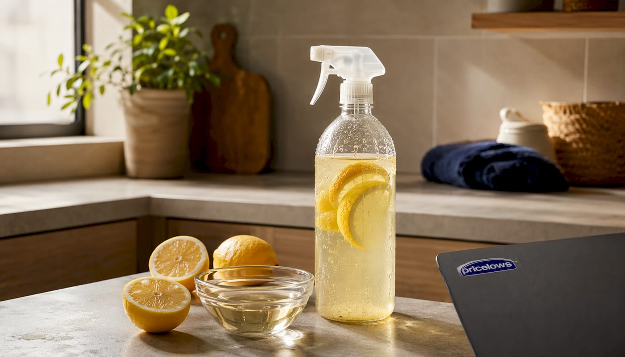 Spray bottle with vinegar and lemon ingredients