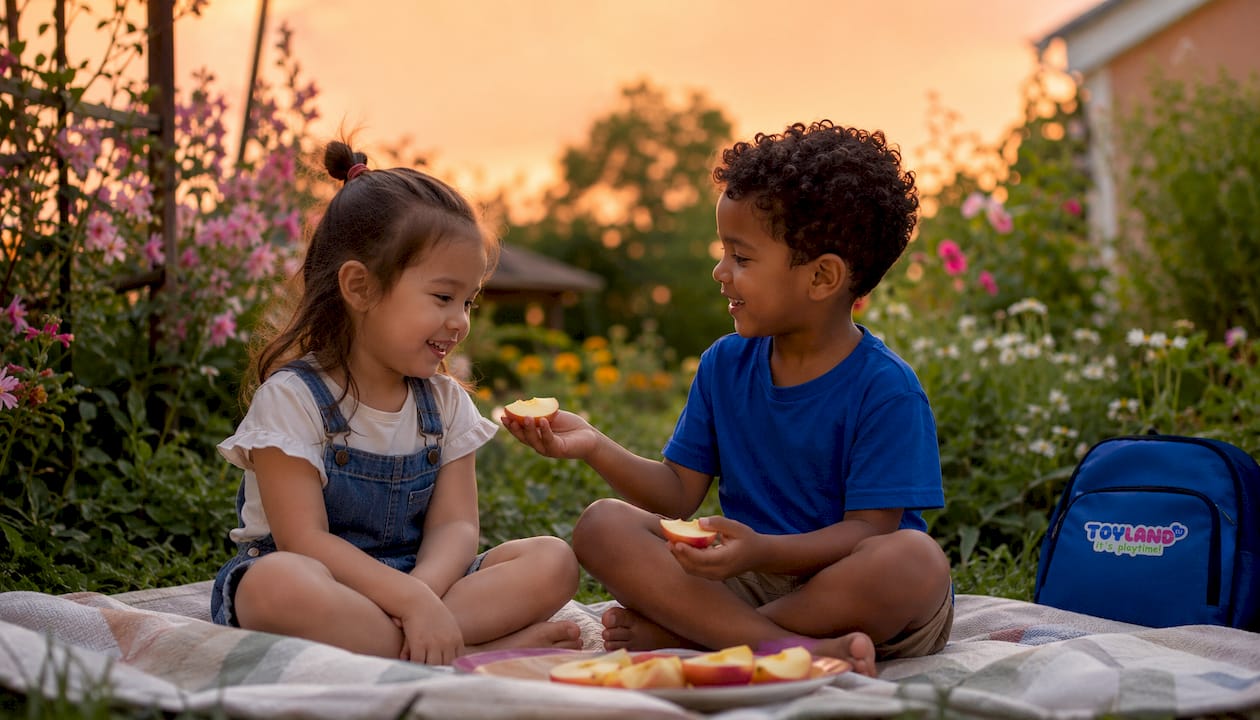 Children sharing snack outdoors showing empathy