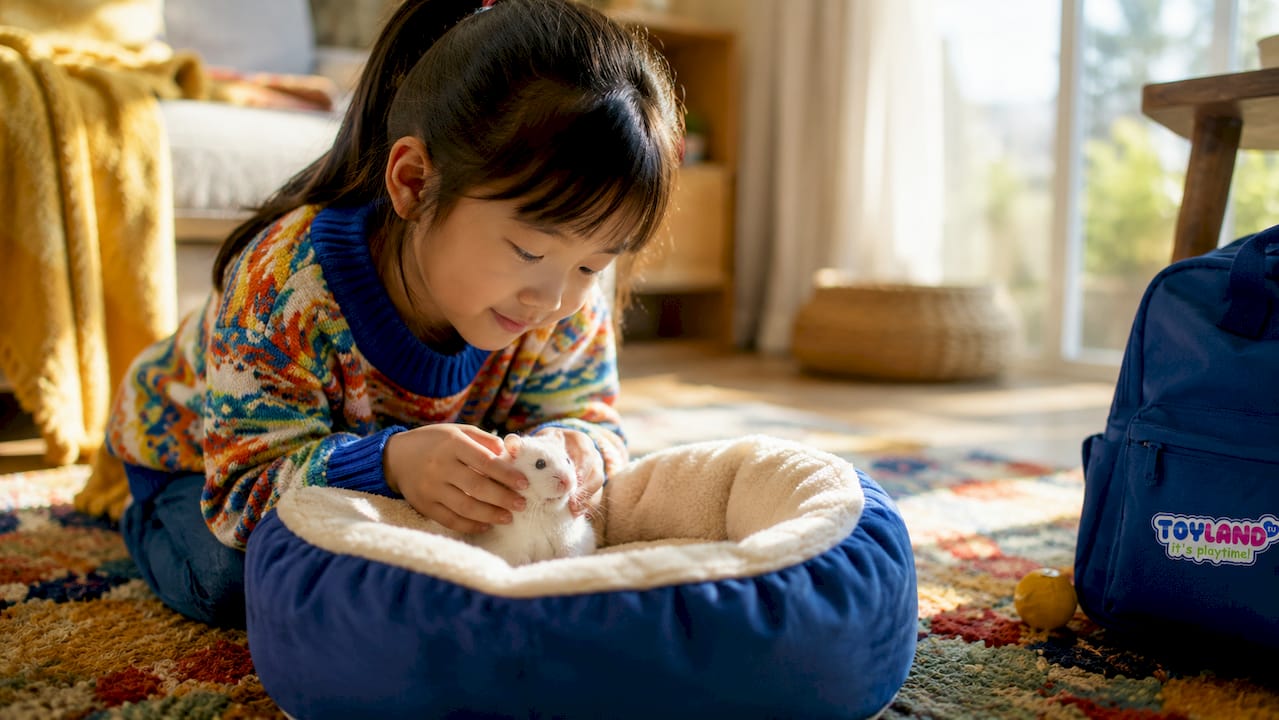 Girl comforting small white hamster