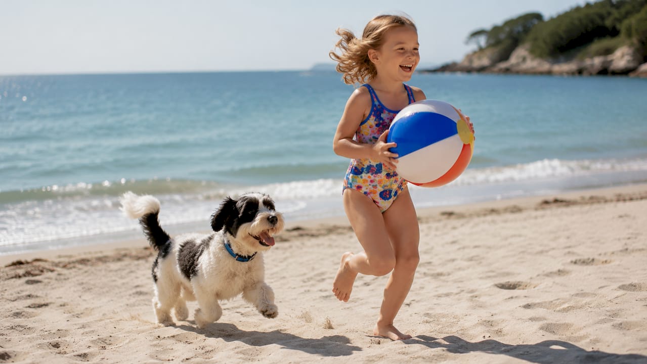 Young girl running outdoors with dog