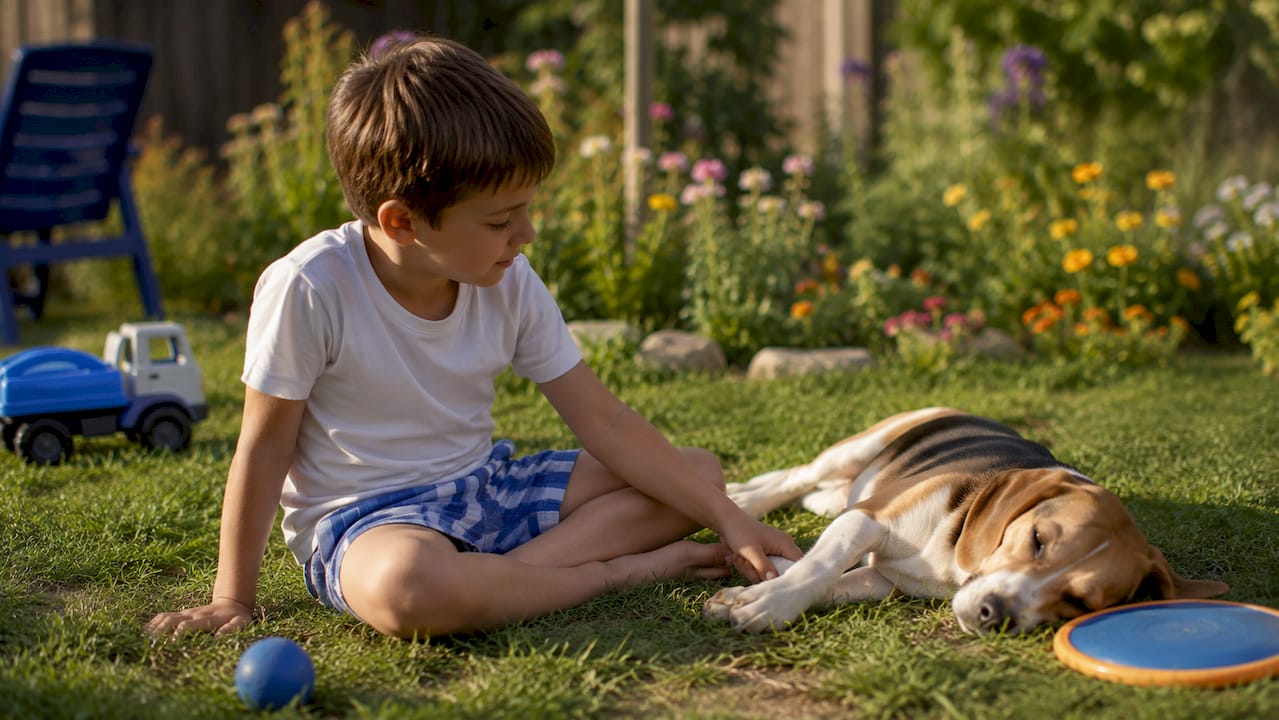 Boy closely observing dog's expression indoors