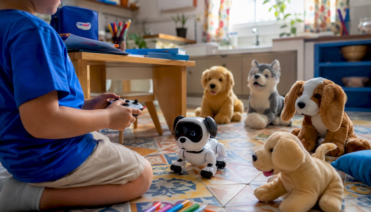 Child hands operating toy robotic dog in playroom