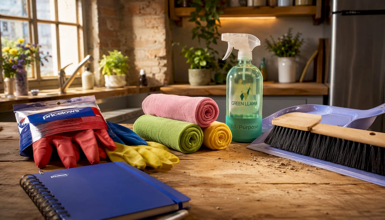 Cleaning starter kit items flat lay with logo