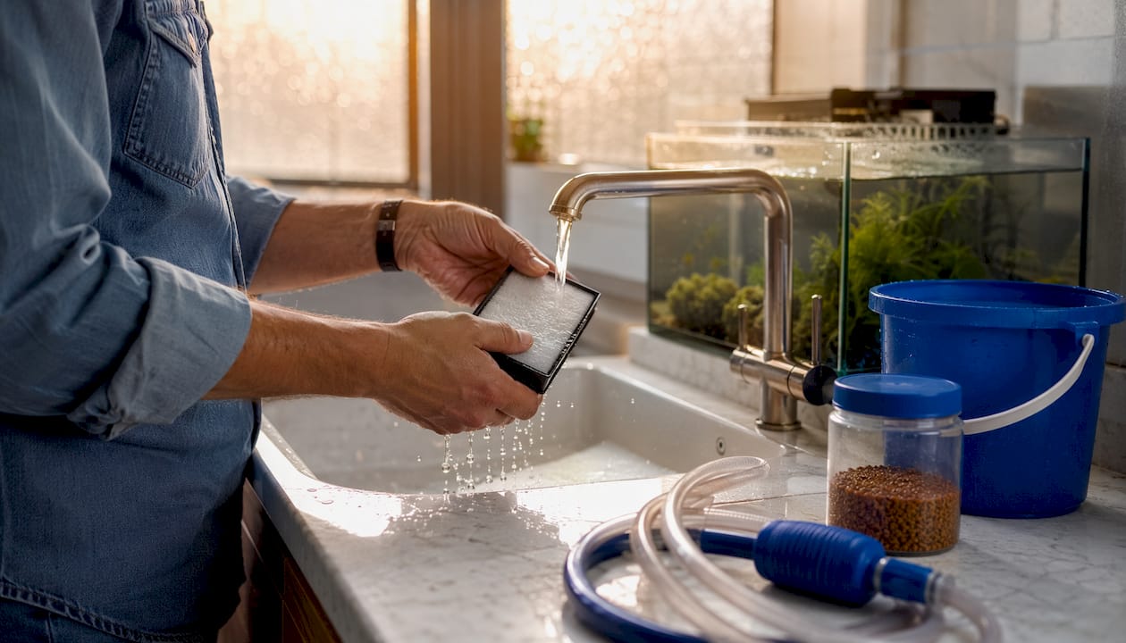Hands cleaning aquarium filter under tap water