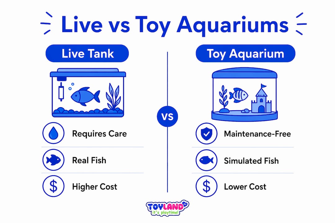 Comparison infographic of live vs toy aquariums