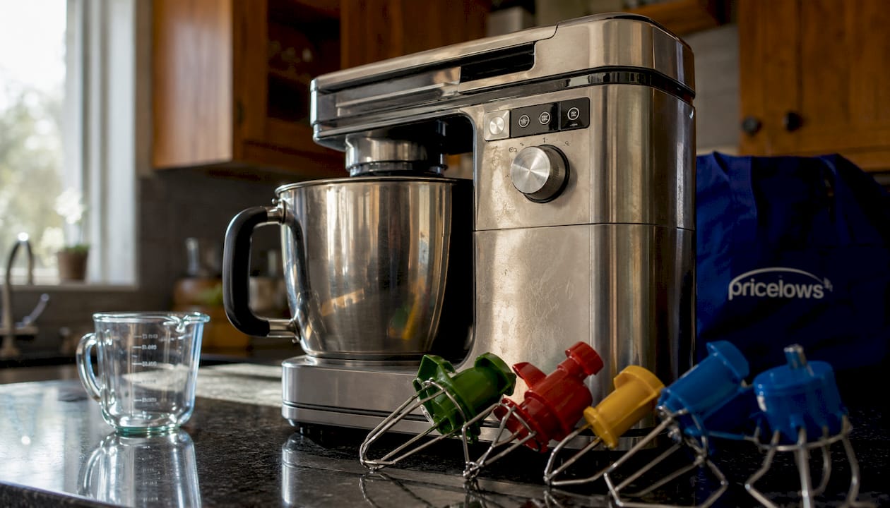 Close-up multifunction kitchen appliance with attachments and logo