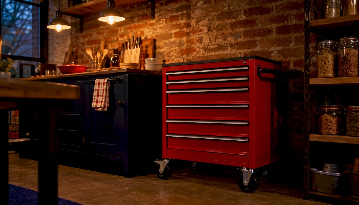 Organized kitchen tool cabinet with attachments and logo