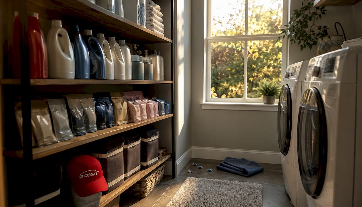 Well-organized laundry room shelving unit