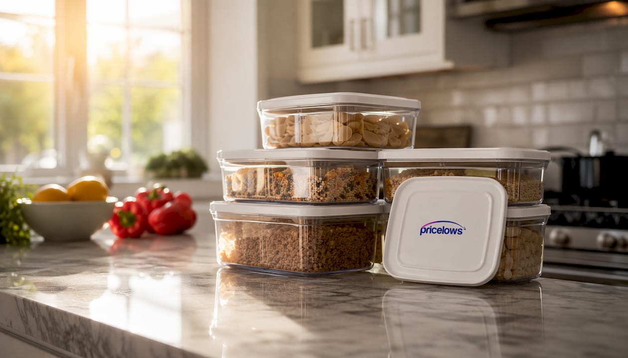 Stacked kitchen storage containers on countertop