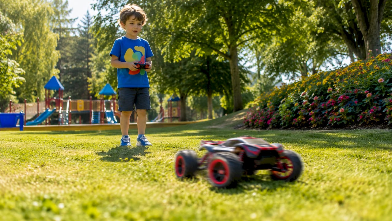 Boy controlling remote control stunt car outdoors