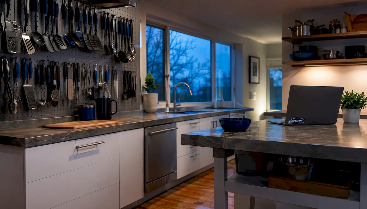 Ergonomic home kitchen layout with gadgets and logo