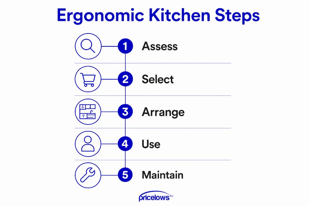 Infographic showing ergonomic kitchen steps with brand colors