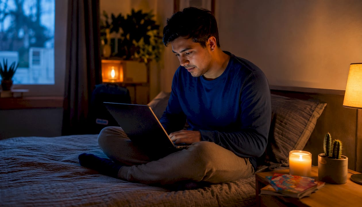 Man browsing adult product catalog online at home
