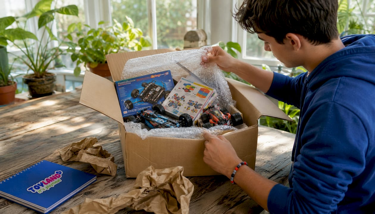 Hands unpacking international toy shipment
