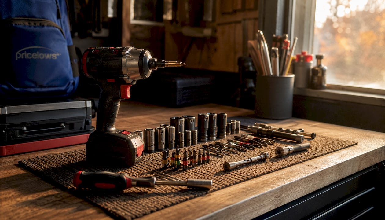 Close-up of impact driver and accessories in garage