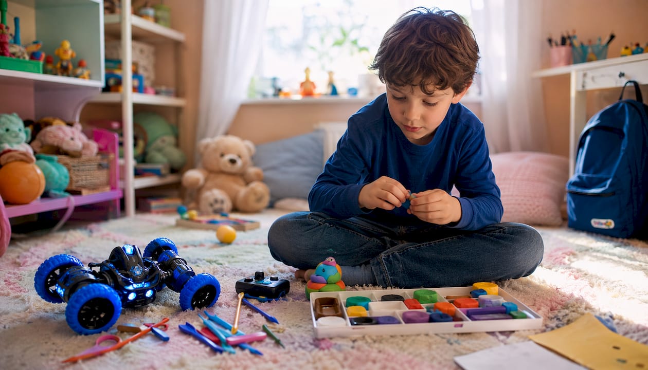 Child hands playing with stunt car and modeling kit in playroom