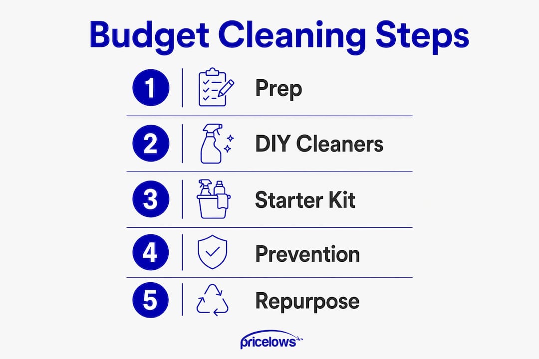 Infographic showing five budget cleaning steps