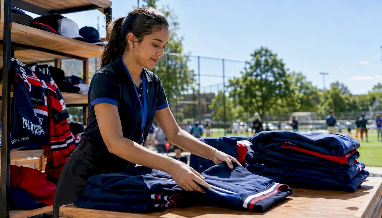 Employee organizing fan gear in sporting goods store