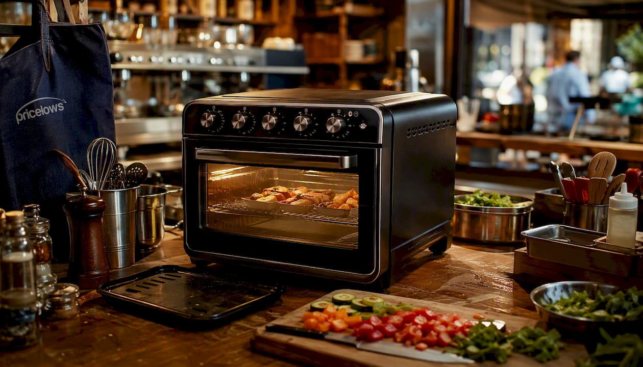 Side view toaster-oven combo with logo in kitchen studio
