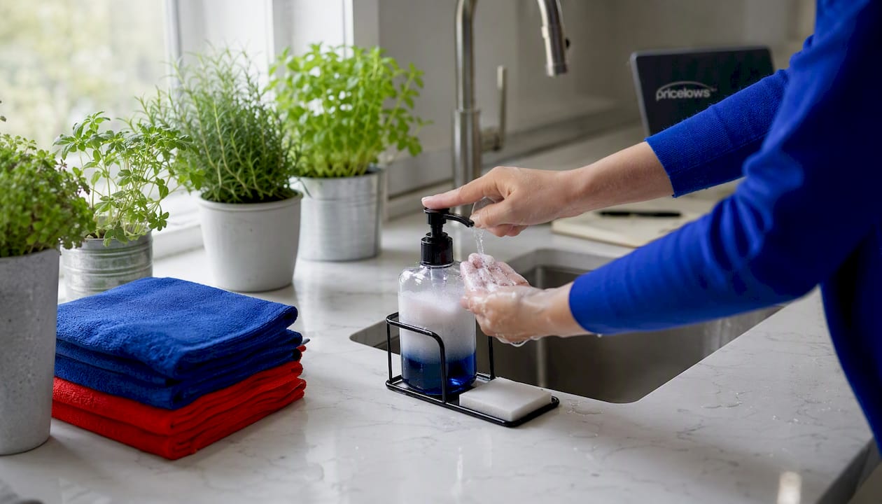 Hand dispensing soap at kitchen sink close-up