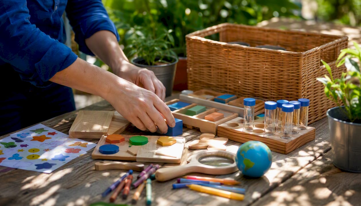 Hands arranging Montessori educational toys on table