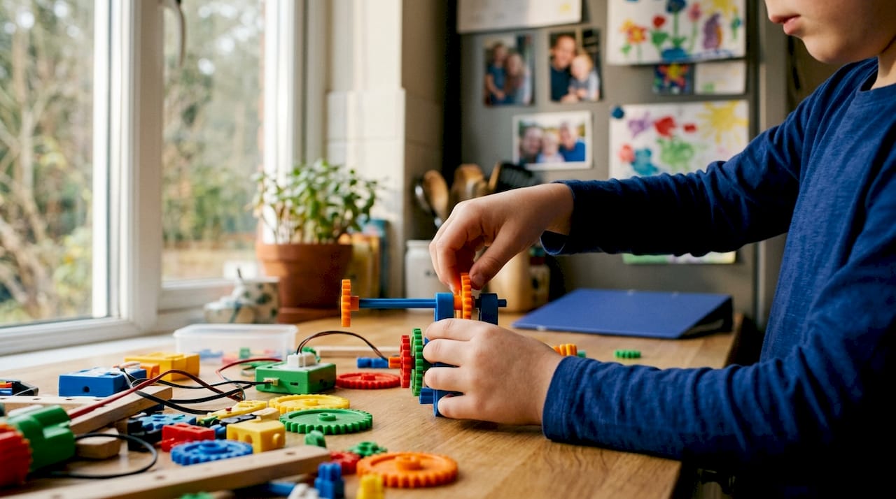 Child building STEM educational kit