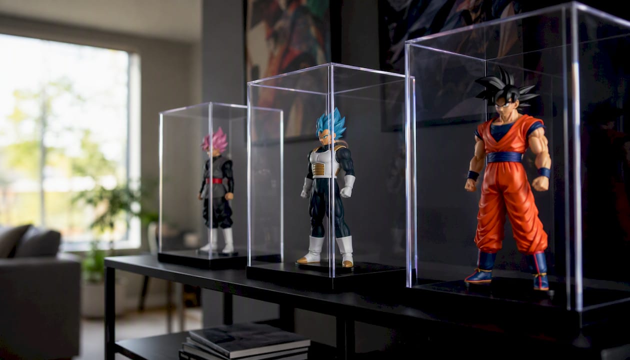 Action figures in UV-filtered acrylic display cases