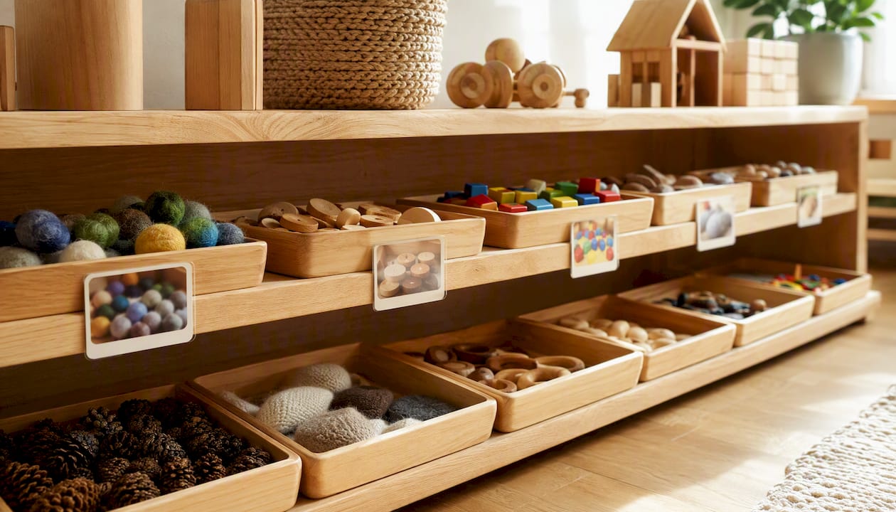 Montessori-style toy trays with photo labels