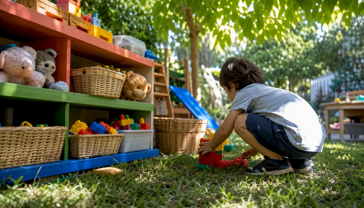Low shelf with baskets storing children's toys