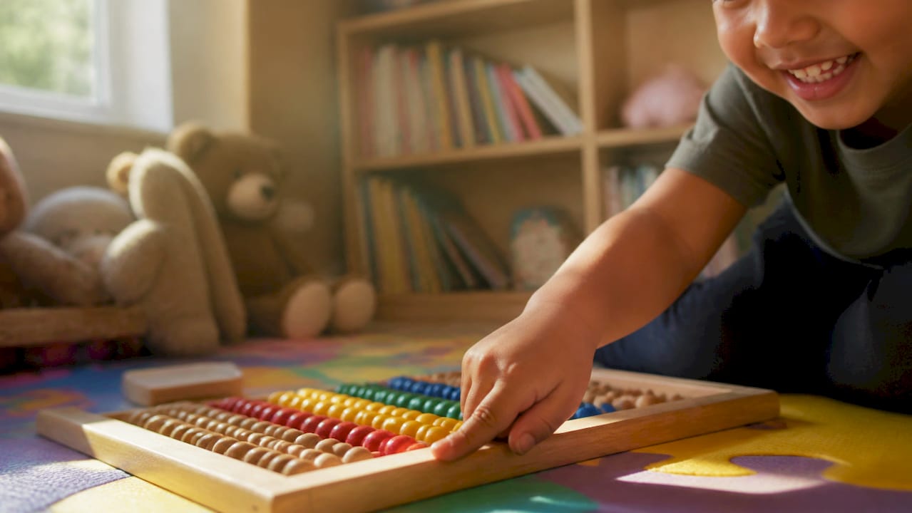 Child tracing abacus frame with finger