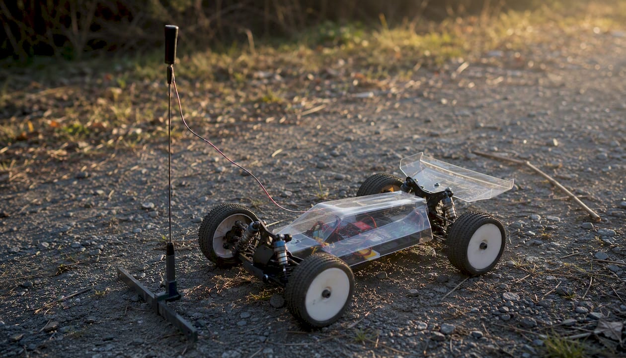 RC car with vertical external antenna on parking lot