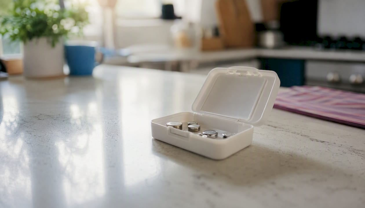 Button batteries in an open storage box