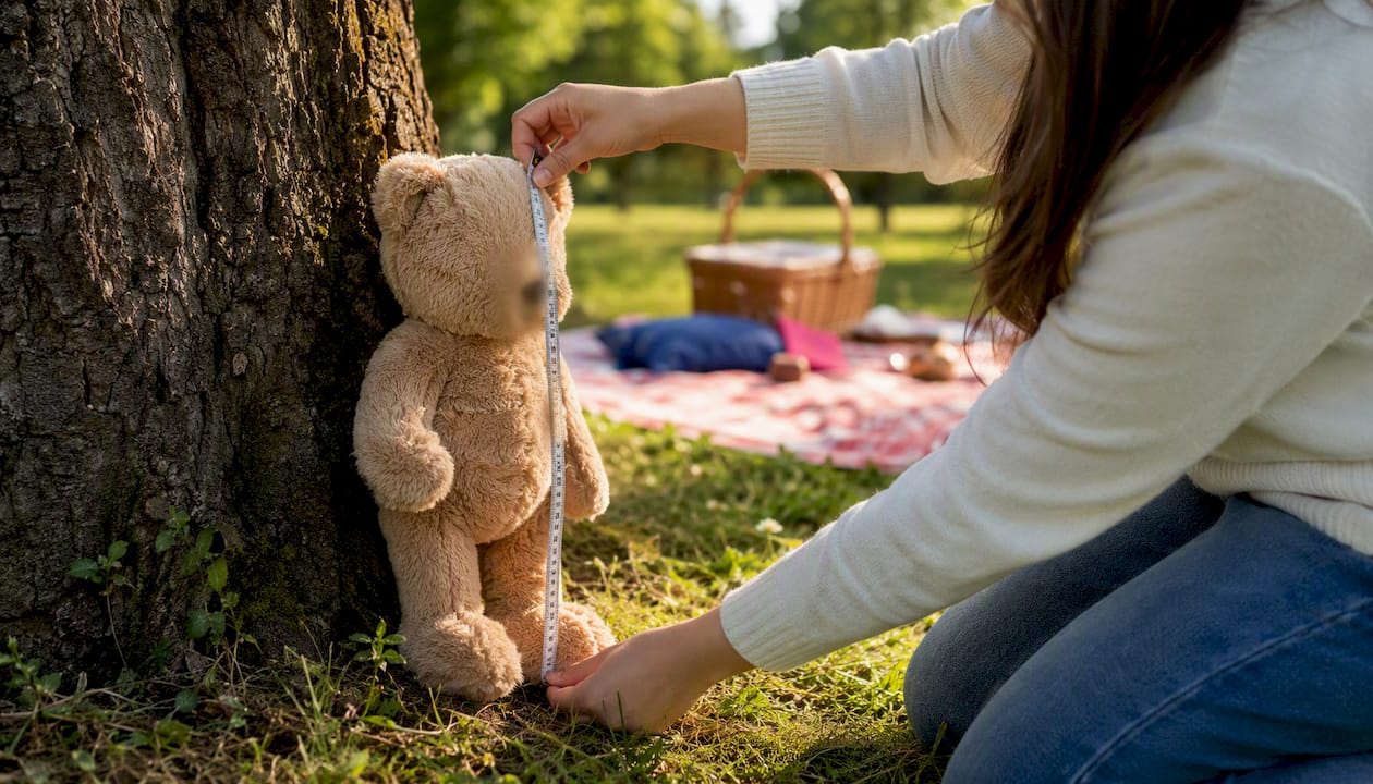 Hands measuring standing plush toy height