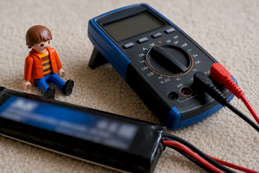 Close-up of toy battery with calculation tools