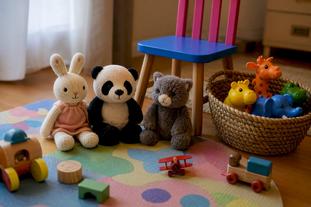 Plush and plastic toy animals arranged in nursery setting