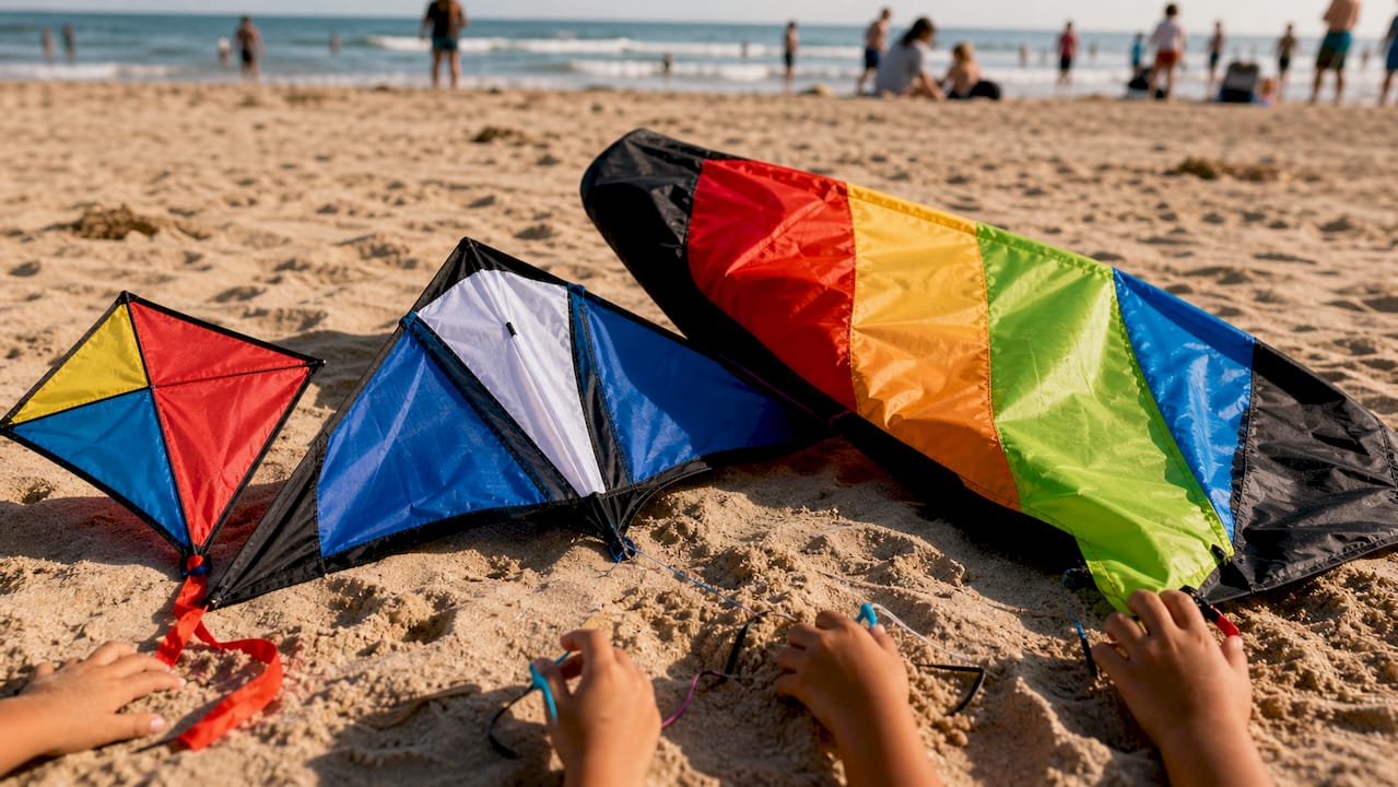 Different sized beginner kites on beach sand