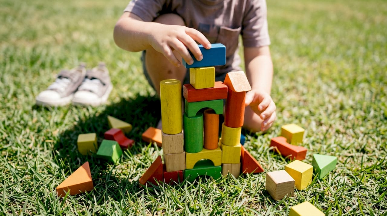 Child hands stacking wooden blocks